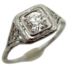 Anillo de compromiso de oro blanco de 18 quilates con diamantes talla europea antigua Art Decó