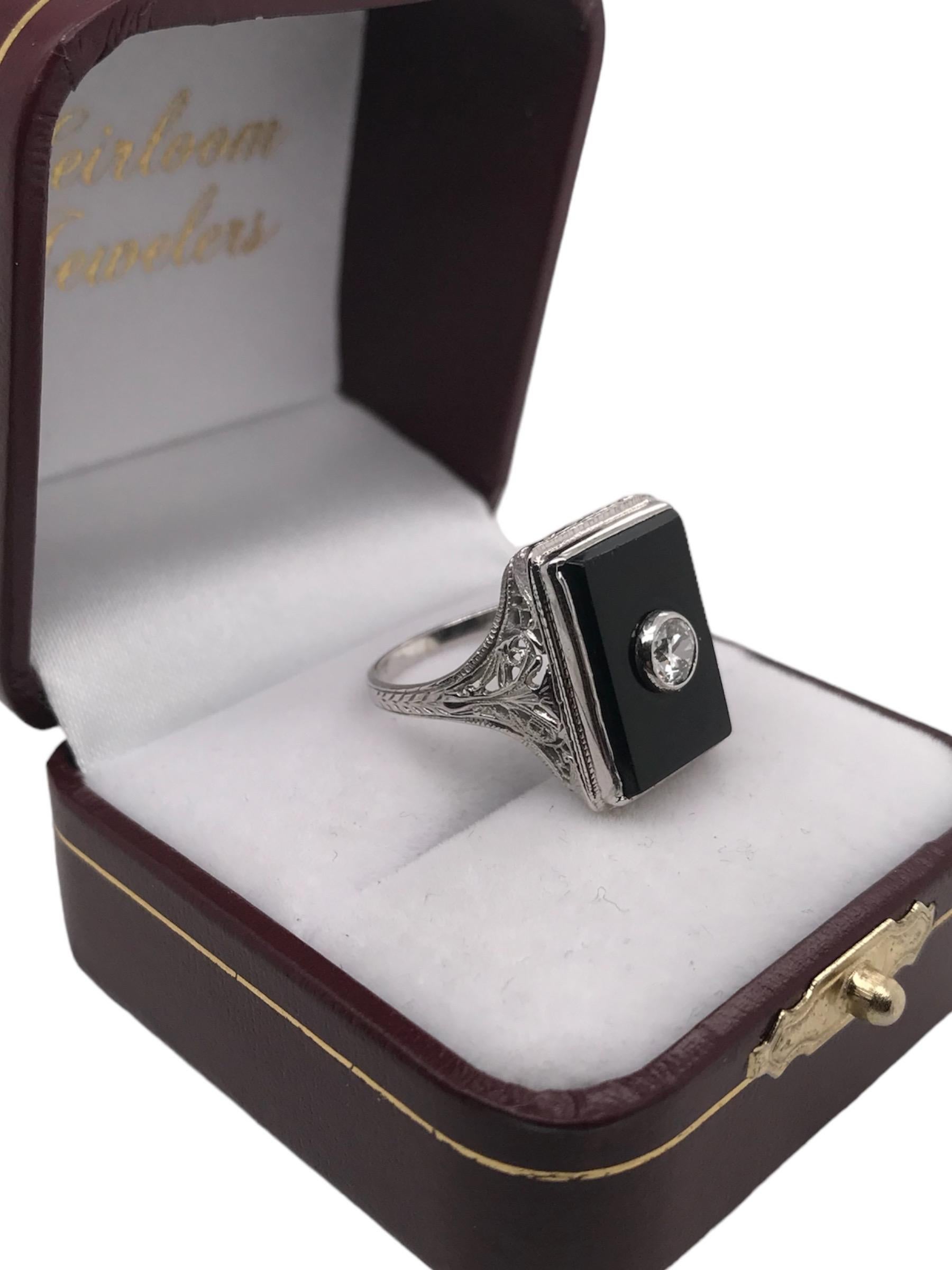 18K White Gold Art Deco Onyx & Diamond Cocktail Ring For Sale 6