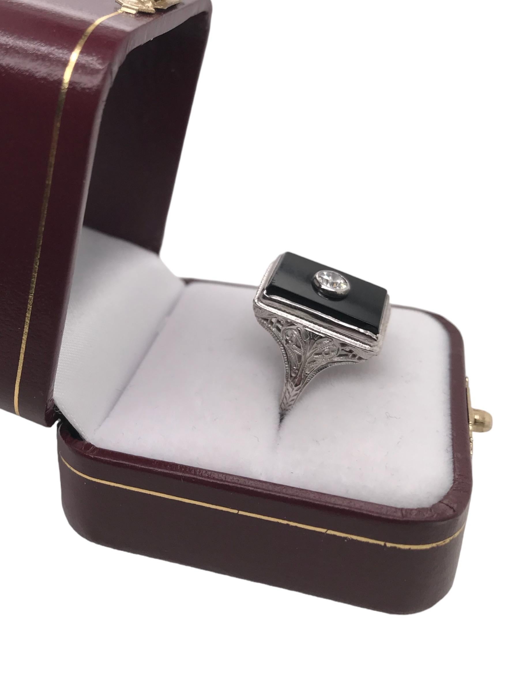 18K White Gold Art Deco Onyx & Diamond Cocktail Ring For Sale 8