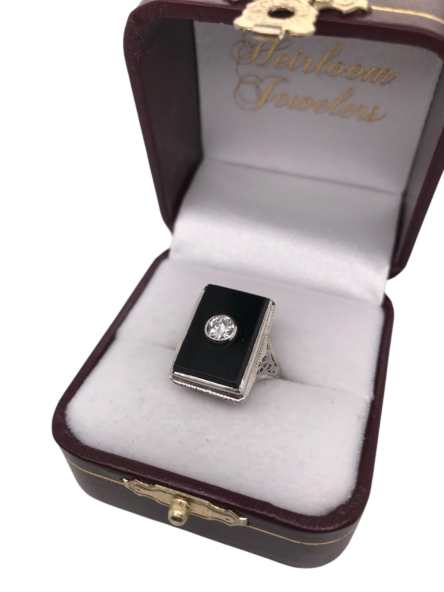 18K White Gold Art Deco Onyx & Diamond Cocktail Ring For Sale 10