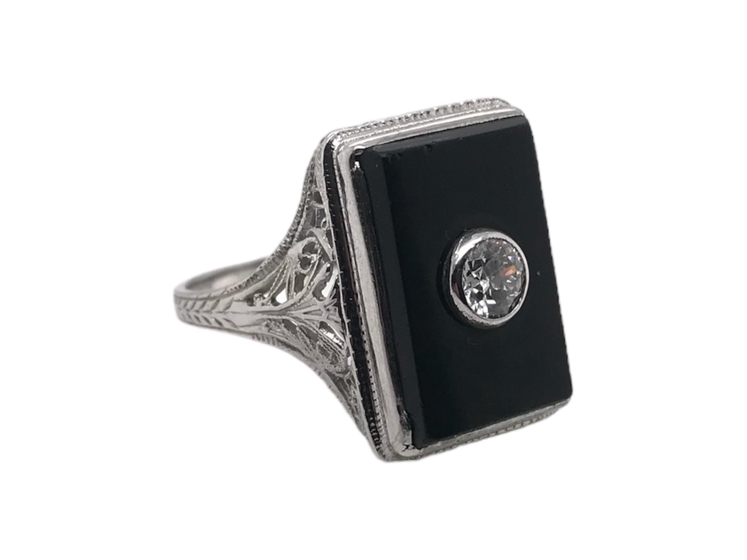 Old European Cut 18K White Gold Art Deco Onyx & Diamond Cocktail Ring For Sale