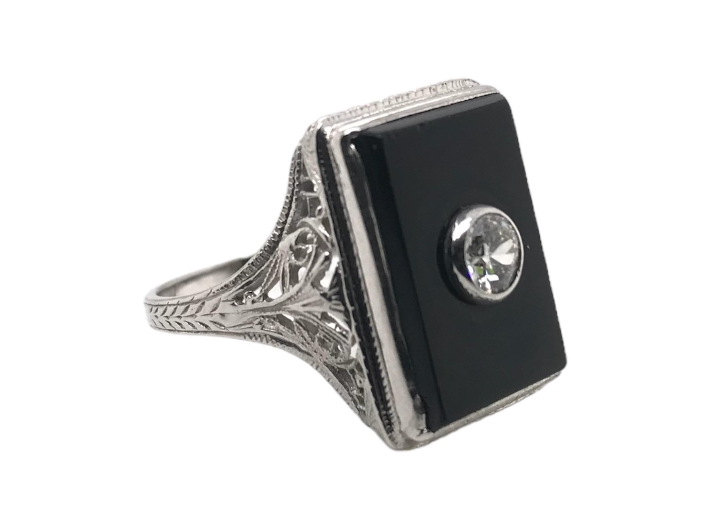 Women's 18K White Gold Art Deco Onyx & Diamond Cocktail Ring For Sale