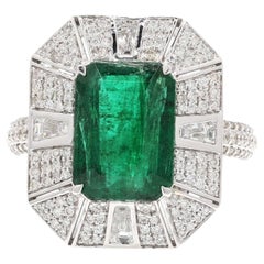 Antique 18k White Gold Art Deco Ring with 4 1/2 Cts Octogen Zambian Emerald