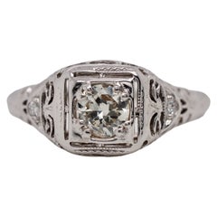 Antique 18 Karat White Gold Art Deco Ring with Modified Round Brilliant Cut Diamond