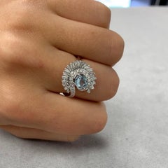 18 Karat Gold Art Deco Style Round Aquamarine Cocktail Ring Baguette Diamonds