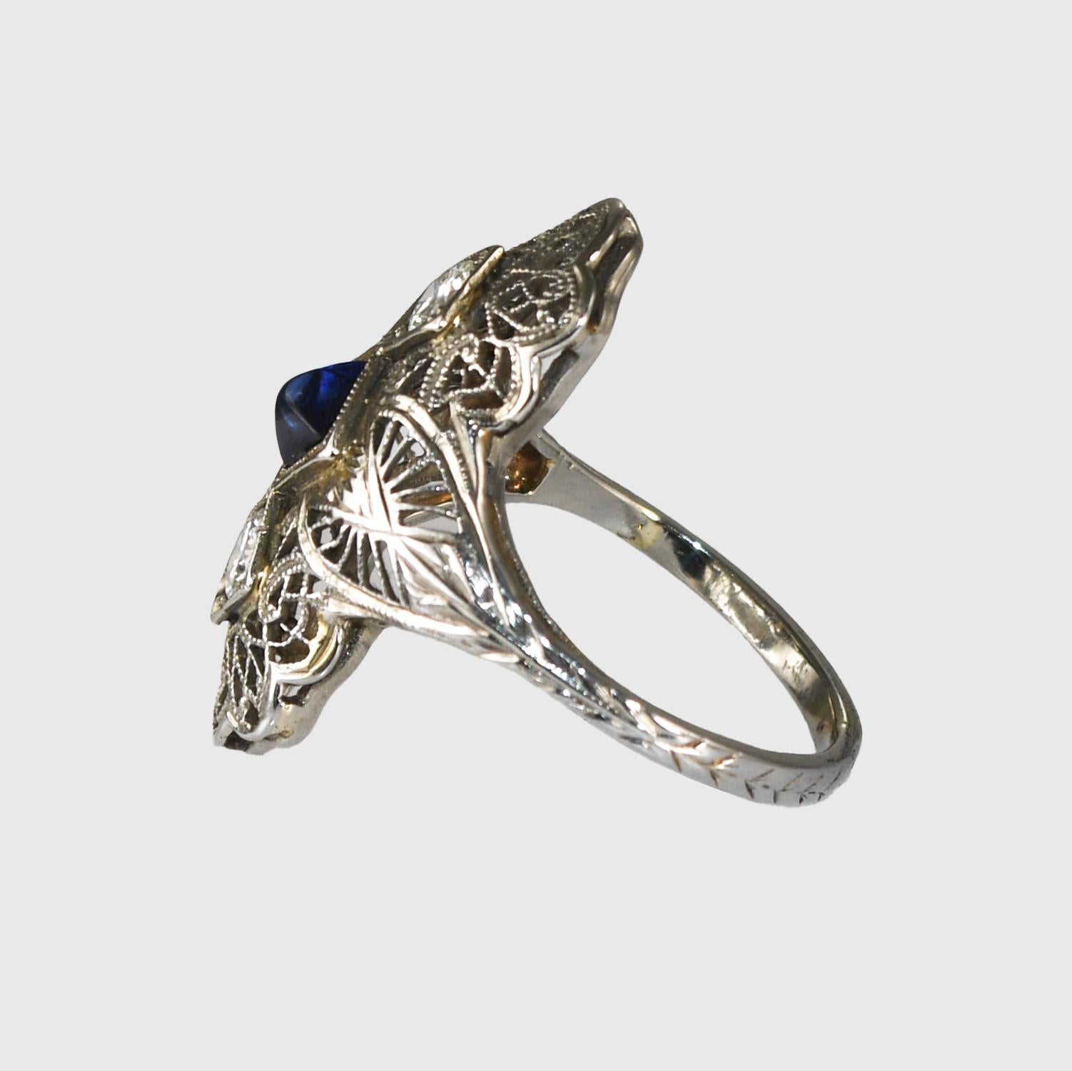 Women's or Men's 18K White Gold Art Deco Sapphire & Diamond Ring For Sale