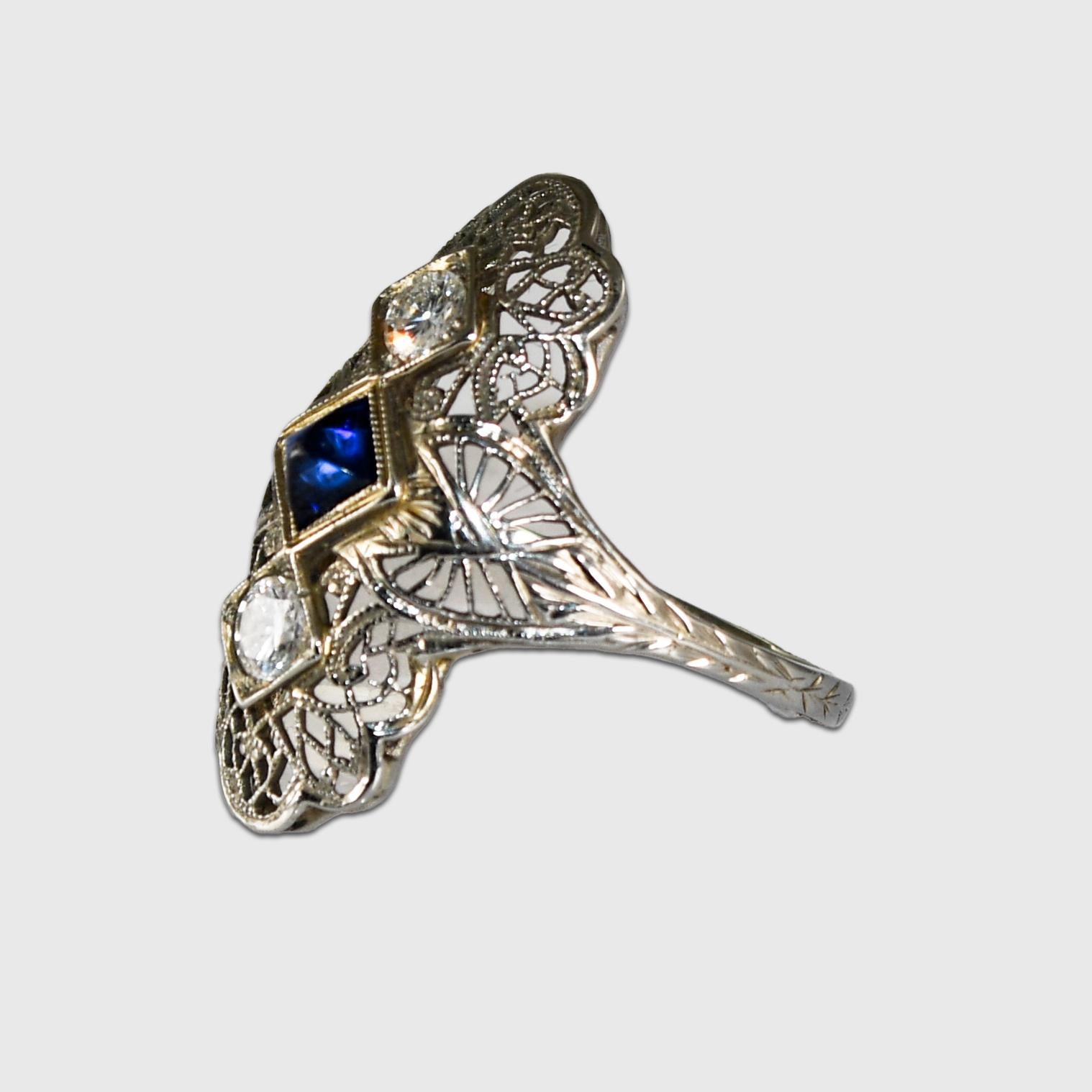 18K White Gold Art Deco Sapphire & Diamond Ring For Sale 1