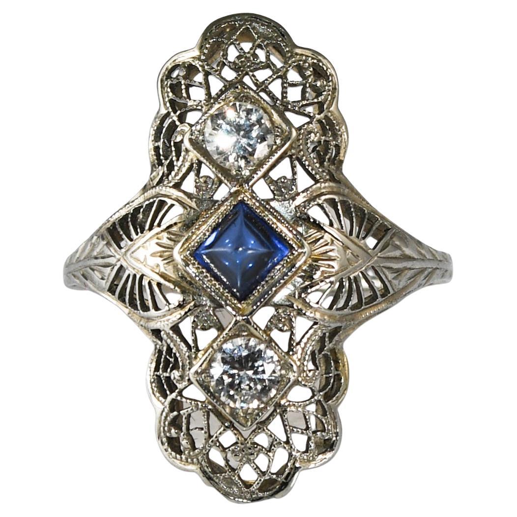 18K White Gold Art Deco Sapphire & Diamond Ring For Sale