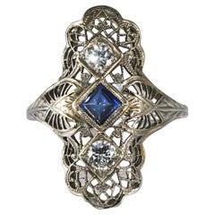 Anello Art Deco con zaffiro e diamante in oro bianco 18 carati