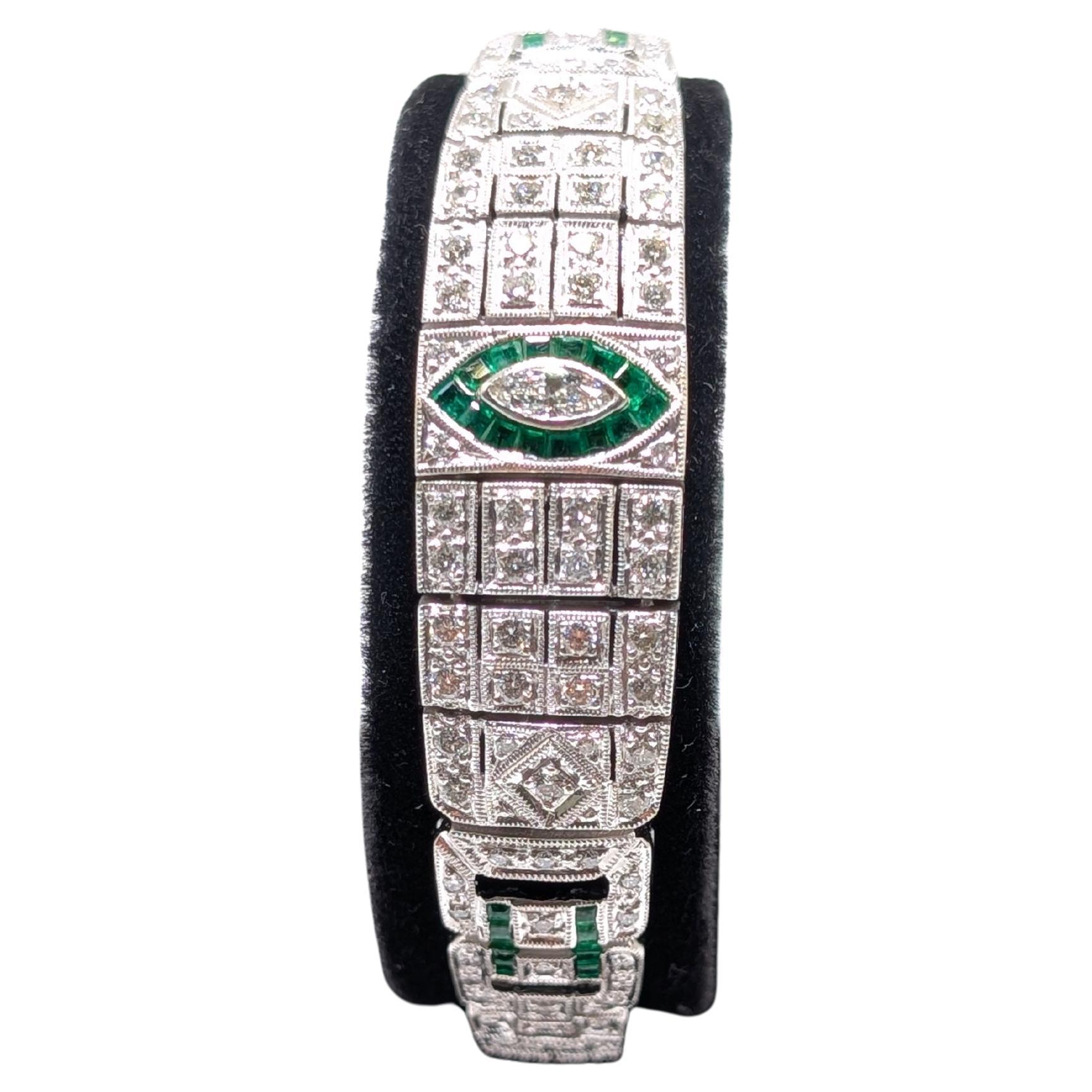 18k White Gold Art Deco Style Bracelet with Emeralds and Diamonds