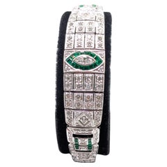 18k White Gold Art Deco Style Bracelet with Emeralds and Diamonds