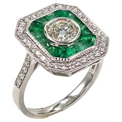 Ring aus 18 Karat Weißgold mit Smaragd und Diamant im Art-déco-Stil