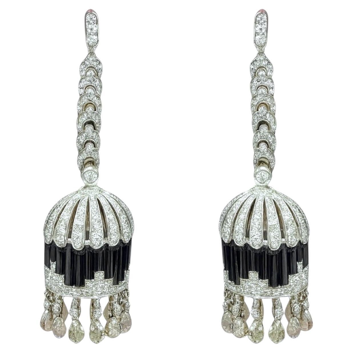 18K Weißgold Art Deco-Stil Onyx und Diamant Quaste Ohrringe