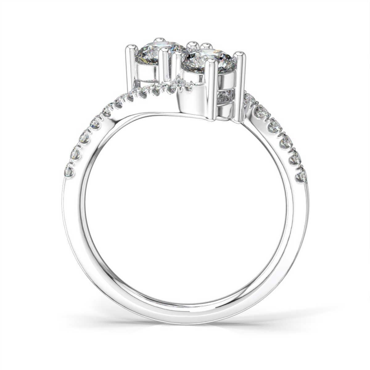 This ring features two perfectly matched 0.35 carat each ( 0.70 ct. tw) round diamonds that symbolize the deep connection between two soulmates. Two rows of 0.25 carat total weight Micro Prong set round brilliant diamonds are hugging the two center