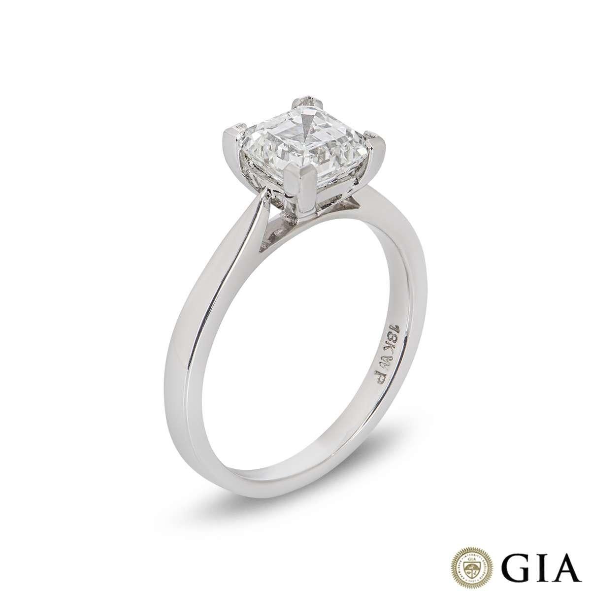 A gorgeous 18k white gold diamond ring. The ring is set to the centre with an asscher cut diamond weighing 1.58ct, G colour and VS clarity set within a classic four claw mount. The 2mm tapered ring is currently a UK size M1/2 /US size 6.25/ EU size