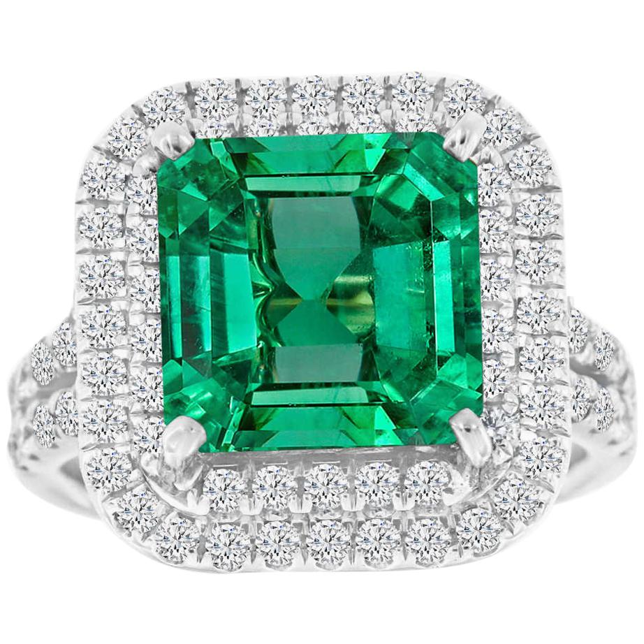 18K White Gold Asscher Green Emerald Double Halo Diamond Ring 'Center-5.21 CT' For Sale