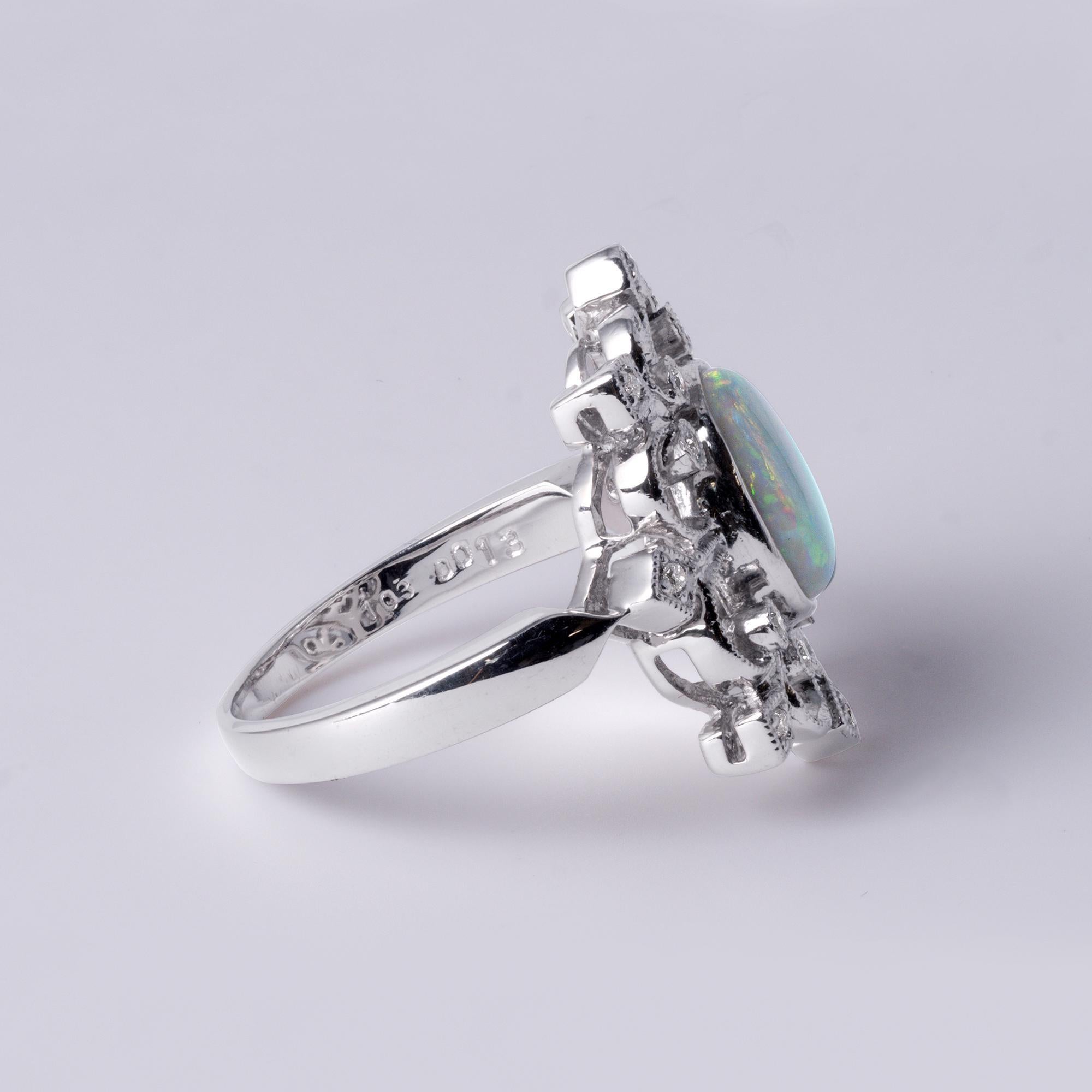 Oval Cut 18K White Gold Australian Opal & Diamond Filigree Ring Filigree For Sale