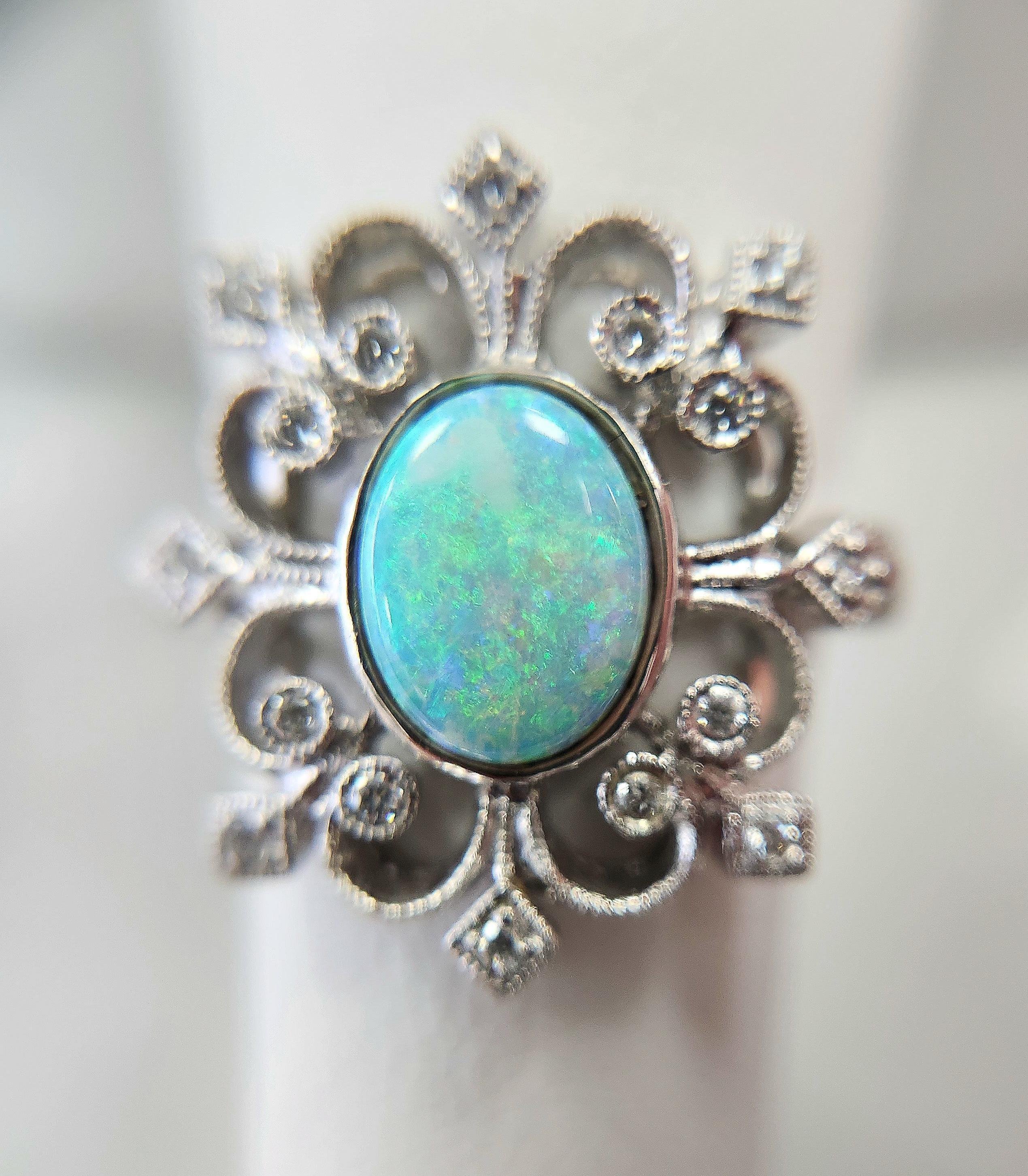 Women's 18K White Gold Australian Opal & Diamond Filigree Ring Filigree For Sale