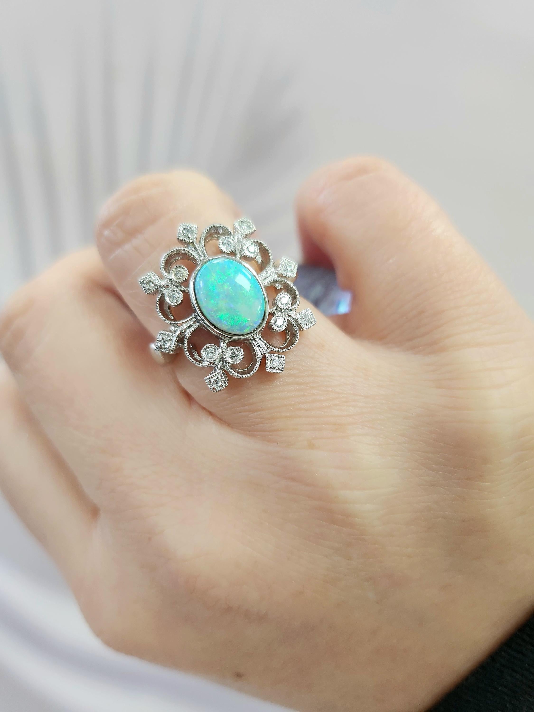 18K White Gold Australian Opal & Diamond Filigree Ring Filigree For Sale 2