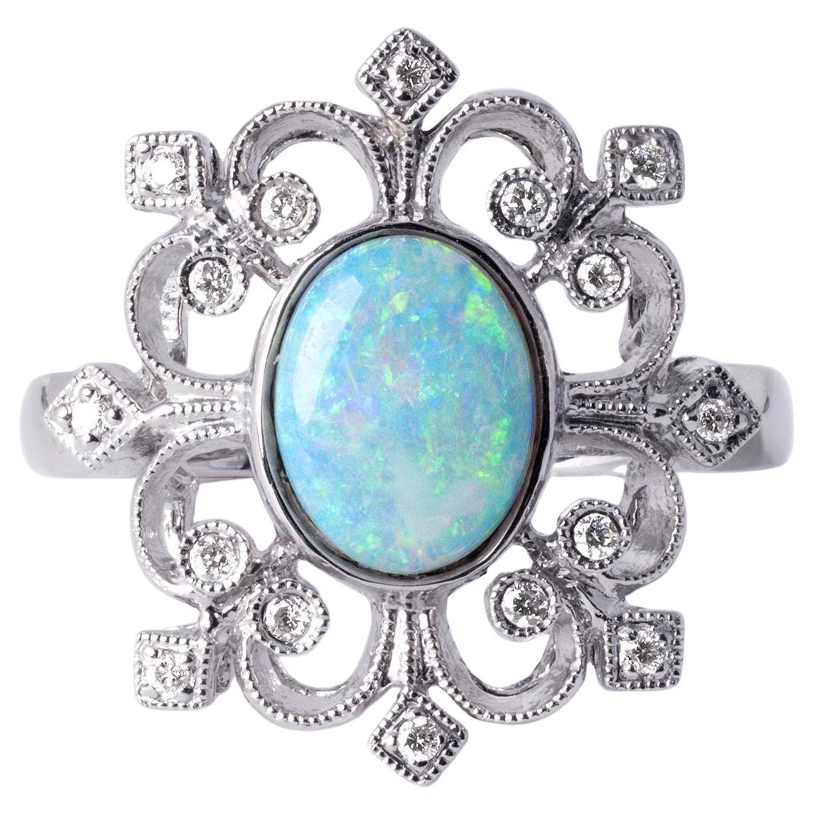 18K White Gold Australian Opal & Diamond Filigree Ring Filigree For Sale