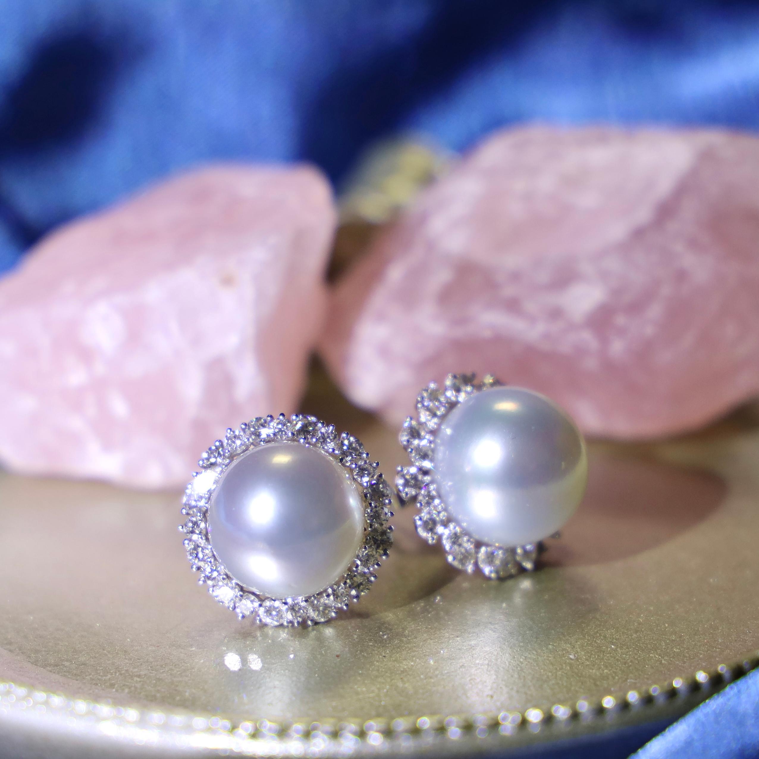 Modern 18K White Gold Australian White Pearl Earrings with Diamonds For Sale