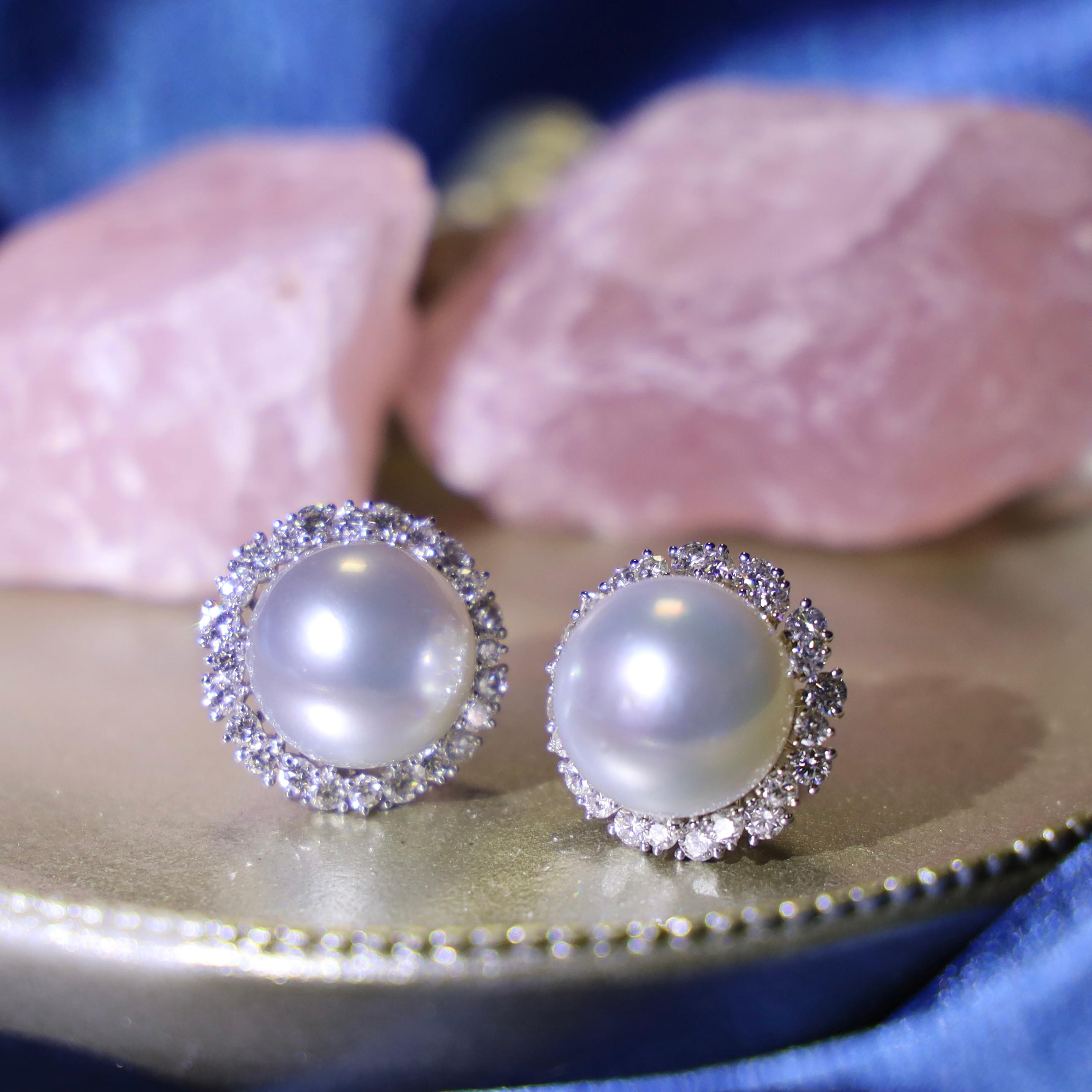 Women's or Men's 18K White Gold Australian White Pearl Earrings with Diamonds For Sale