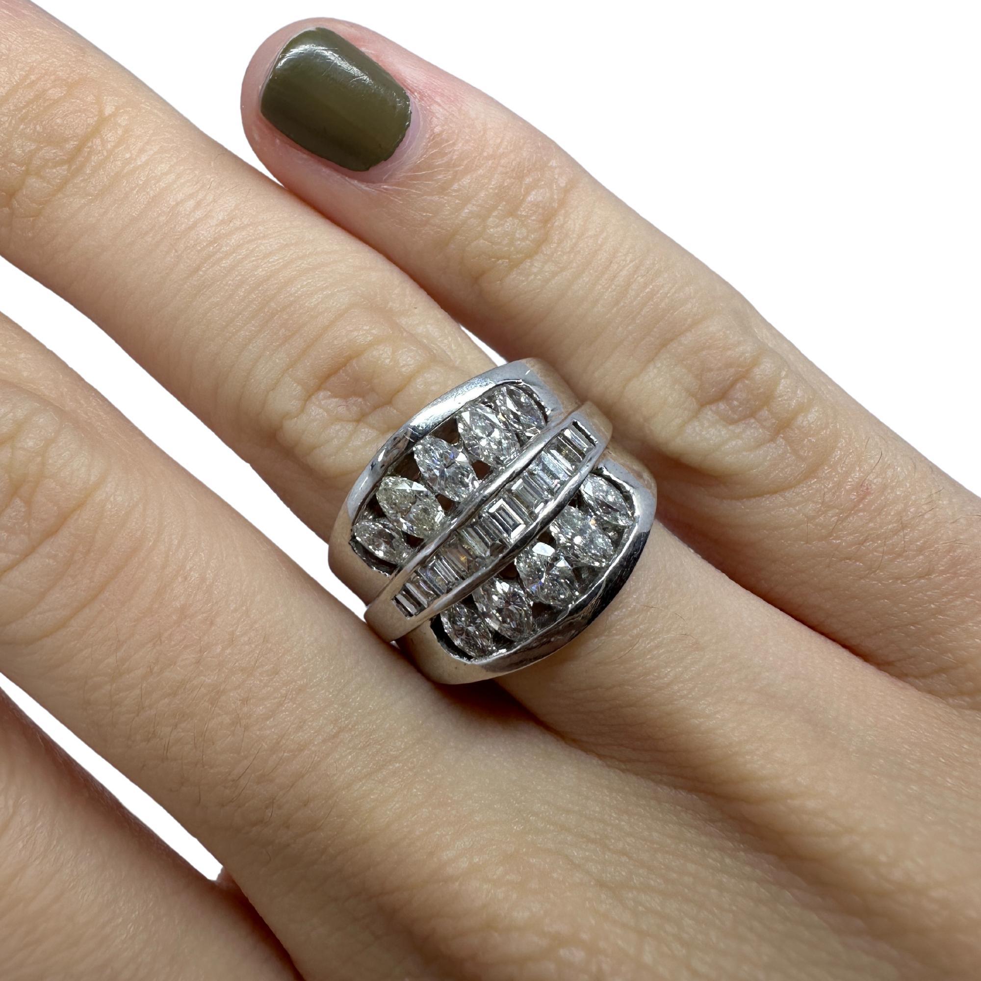 Baguette Cut 18k White Gold Baguette and Marquise Cut Diamond Wide Band Ring For Sale