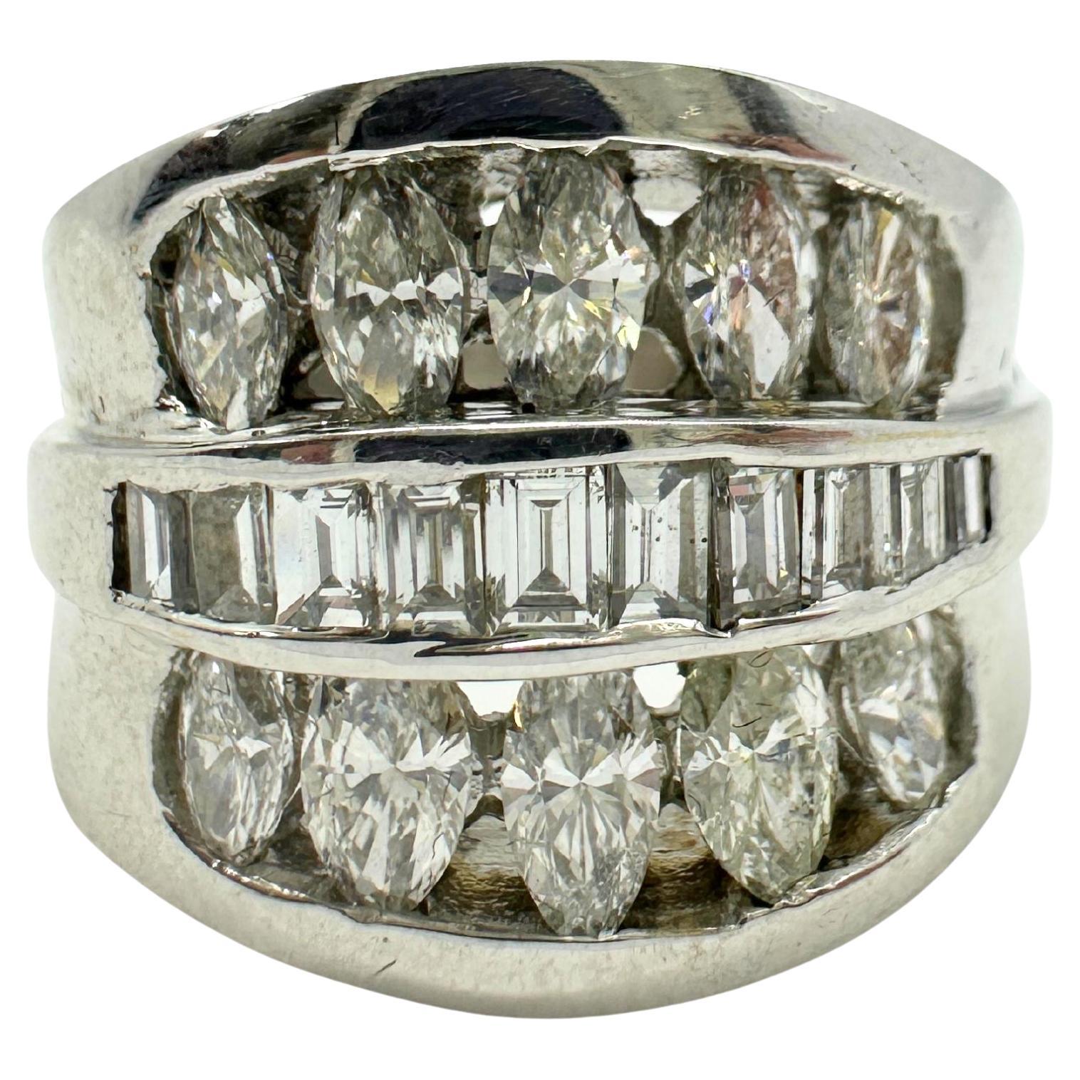 18k White Gold Baguette and Marquise Cut Diamond Wide Band Ring