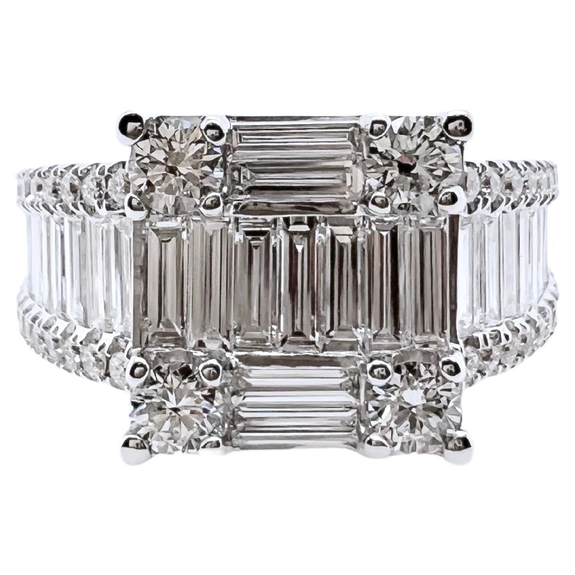 18k White Gold Baguette and Round Brilliant Diamonds Ring For Sale
