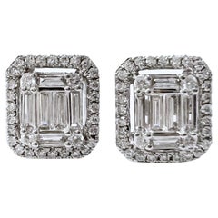 18k White Gold Baguette and Round Brilliant Diamonds Stud Earrings