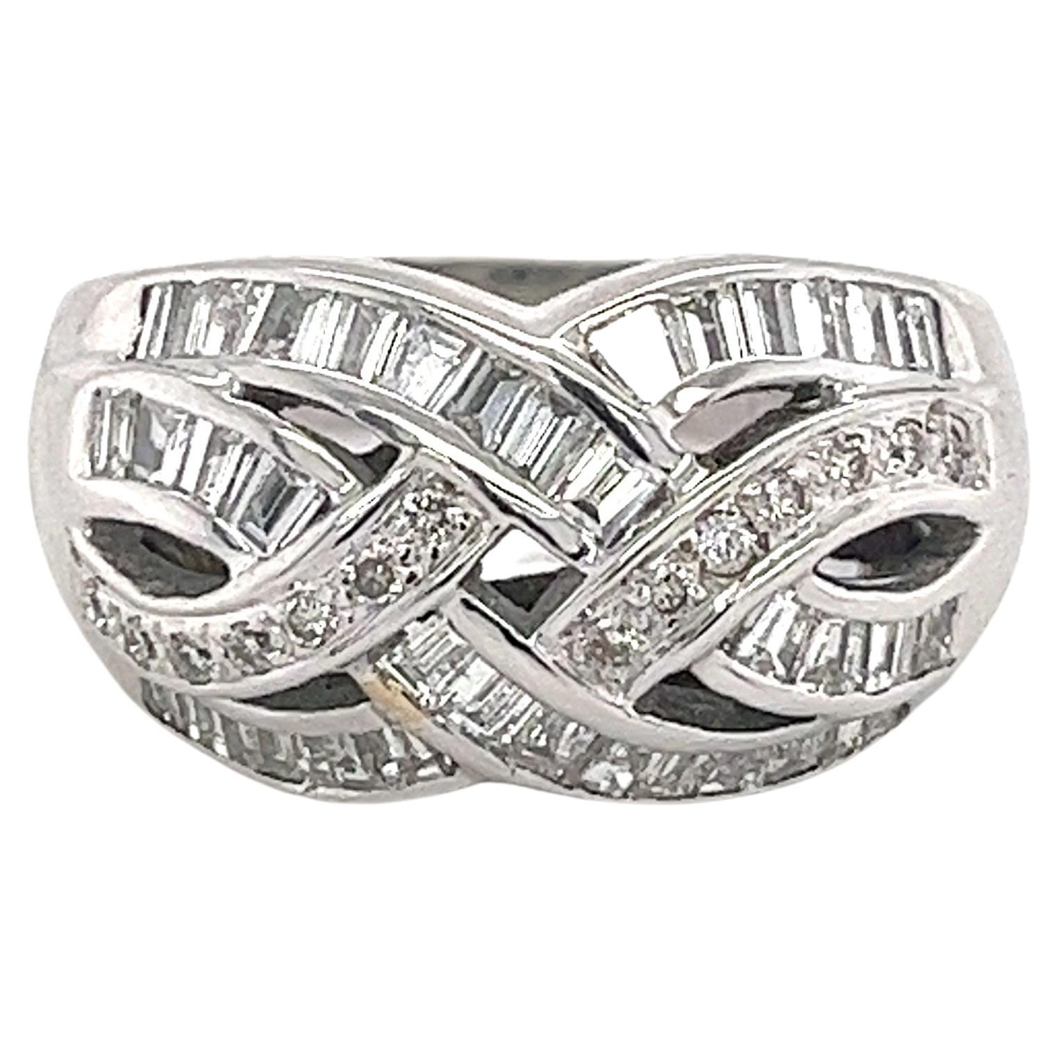 For Sale:  18k White Gold Baguette and Round Cut Diamond Cluster Curved Ring