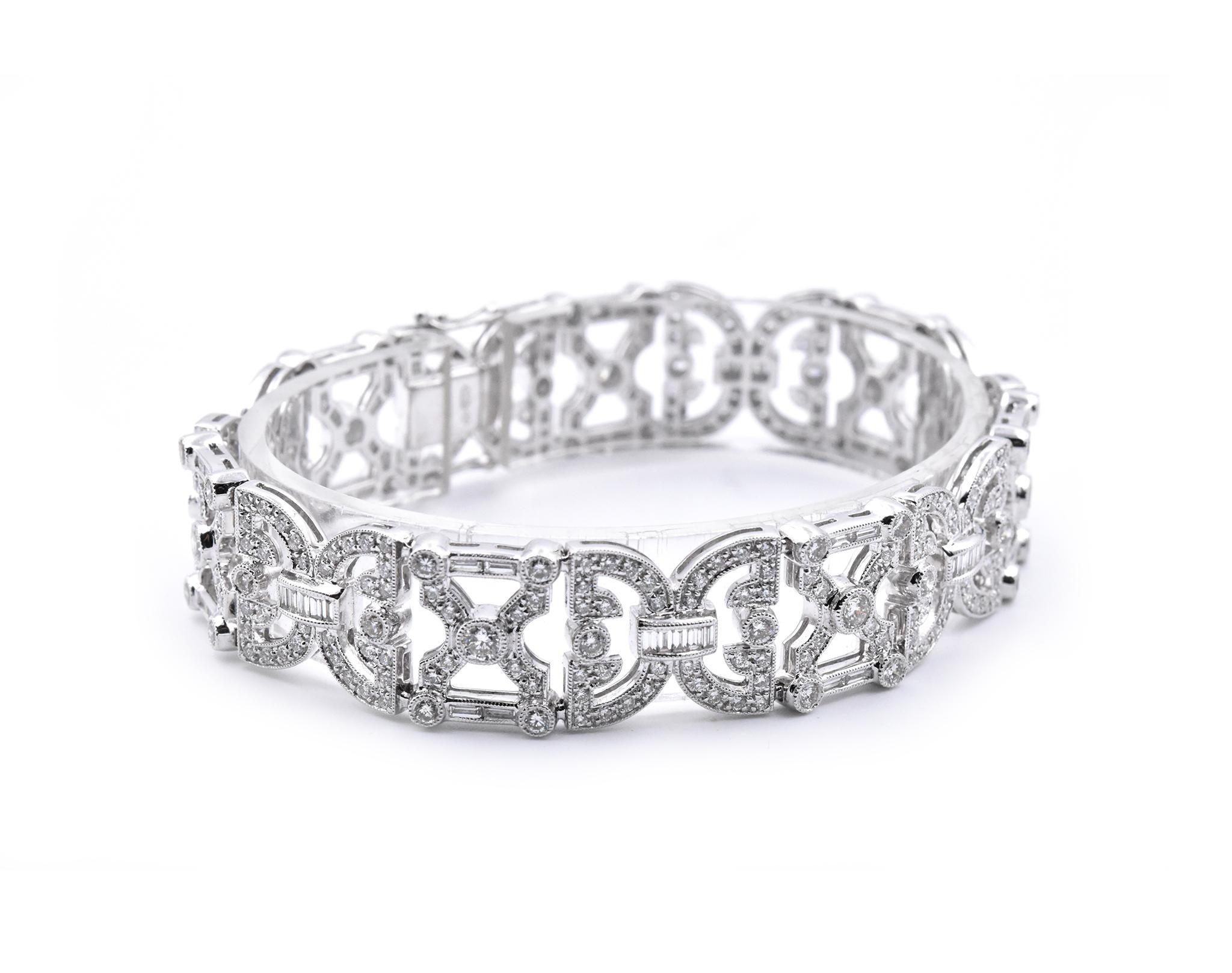 Material: 18k white gold
Diamonds: 392 baguette and round brilliant cuts = 5.31cttw
Color: H
Clarity: VS2-SI1
Dimensions: bracelet measures 7-inches in length
Weight: 35.70 grams
