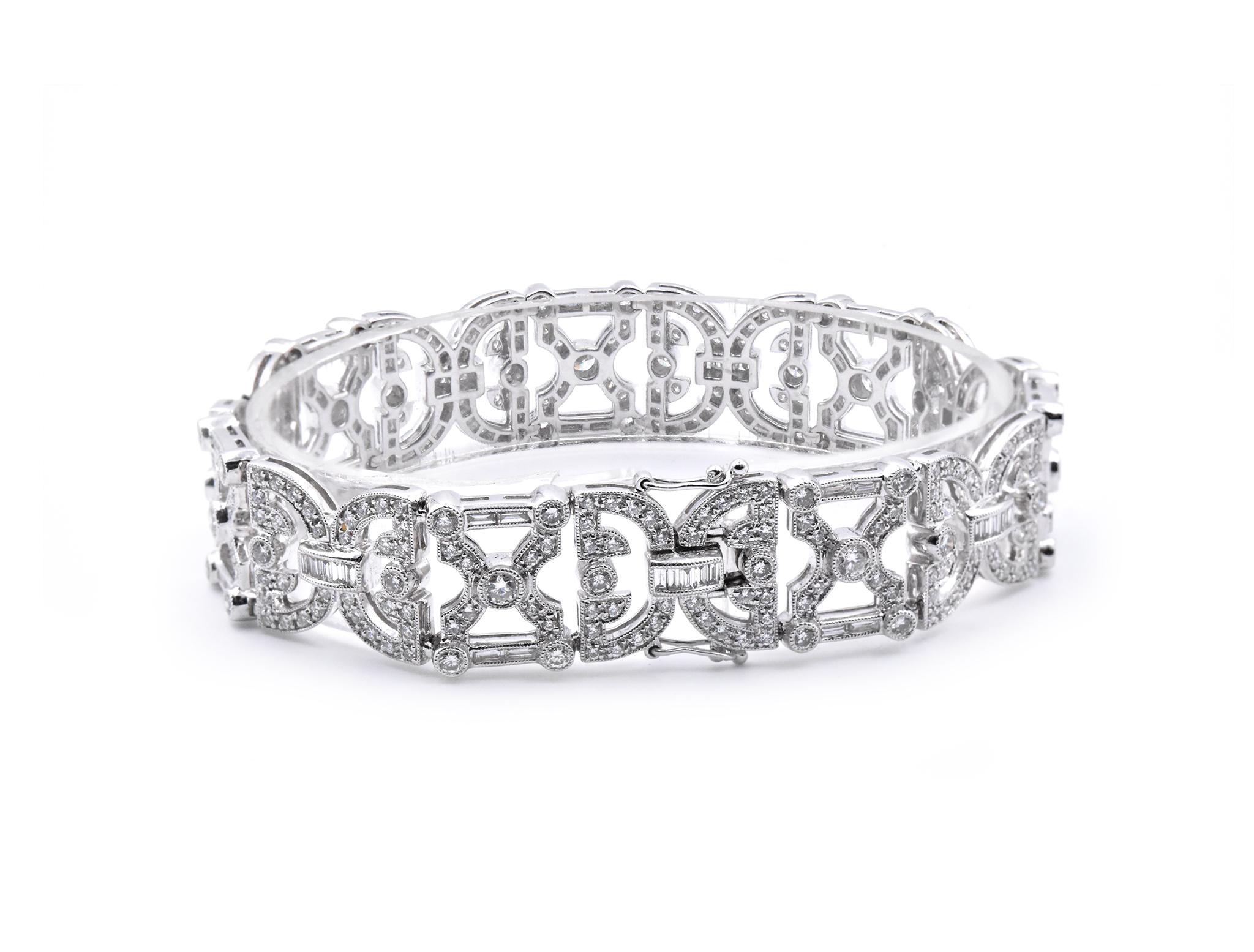 18 Karat White Gold Baguette and Round Diamond Bracelet In Excellent Condition In Scottsdale, AZ