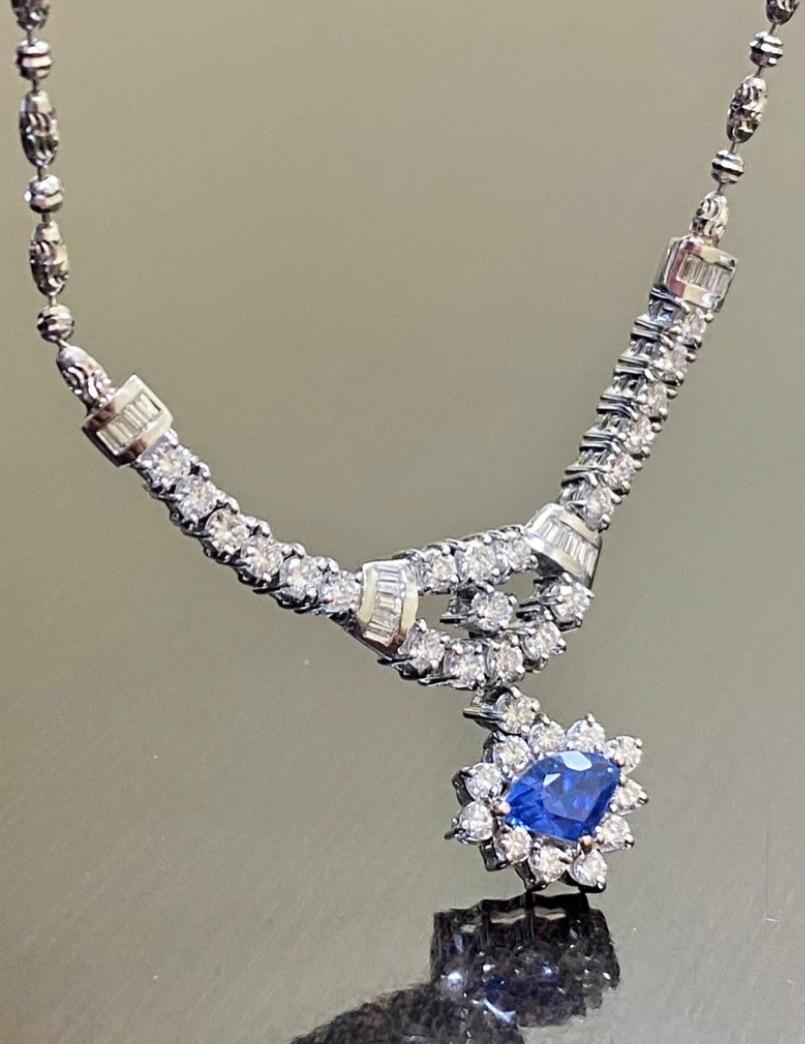 18K White Gold Baguette and Round Diamond Ceylon Blue Sapphire Necklace For Sale 3