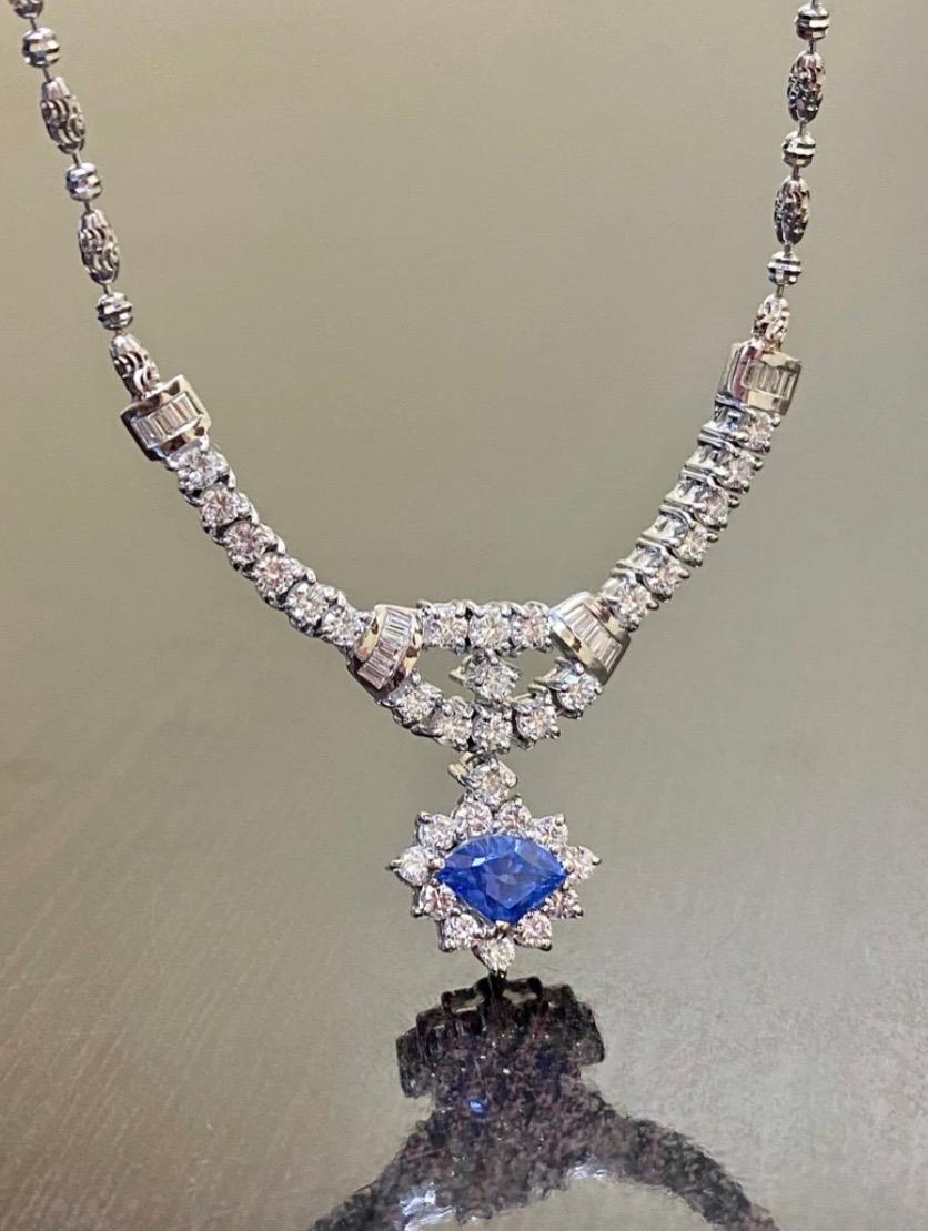 18K White Gold Baguette and Round Diamond Ceylon Blue Sapphire Necklace For Sale 4