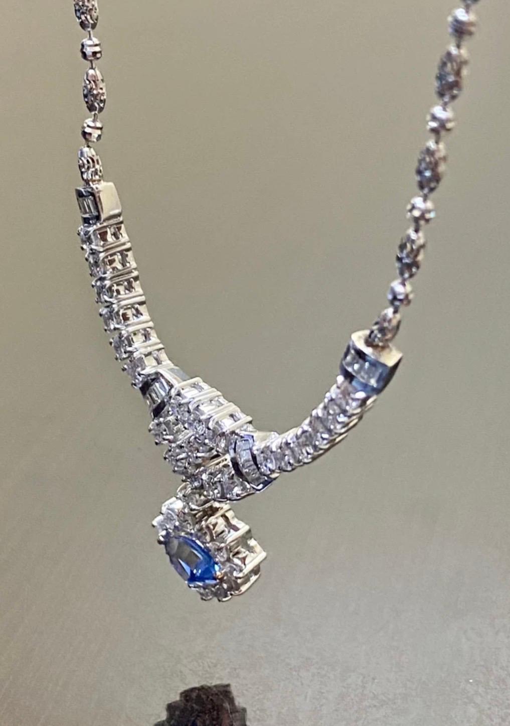 Art Deco 18K White Gold Baguette and Round Diamond Ceylon Blue Sapphire Necklace For Sale