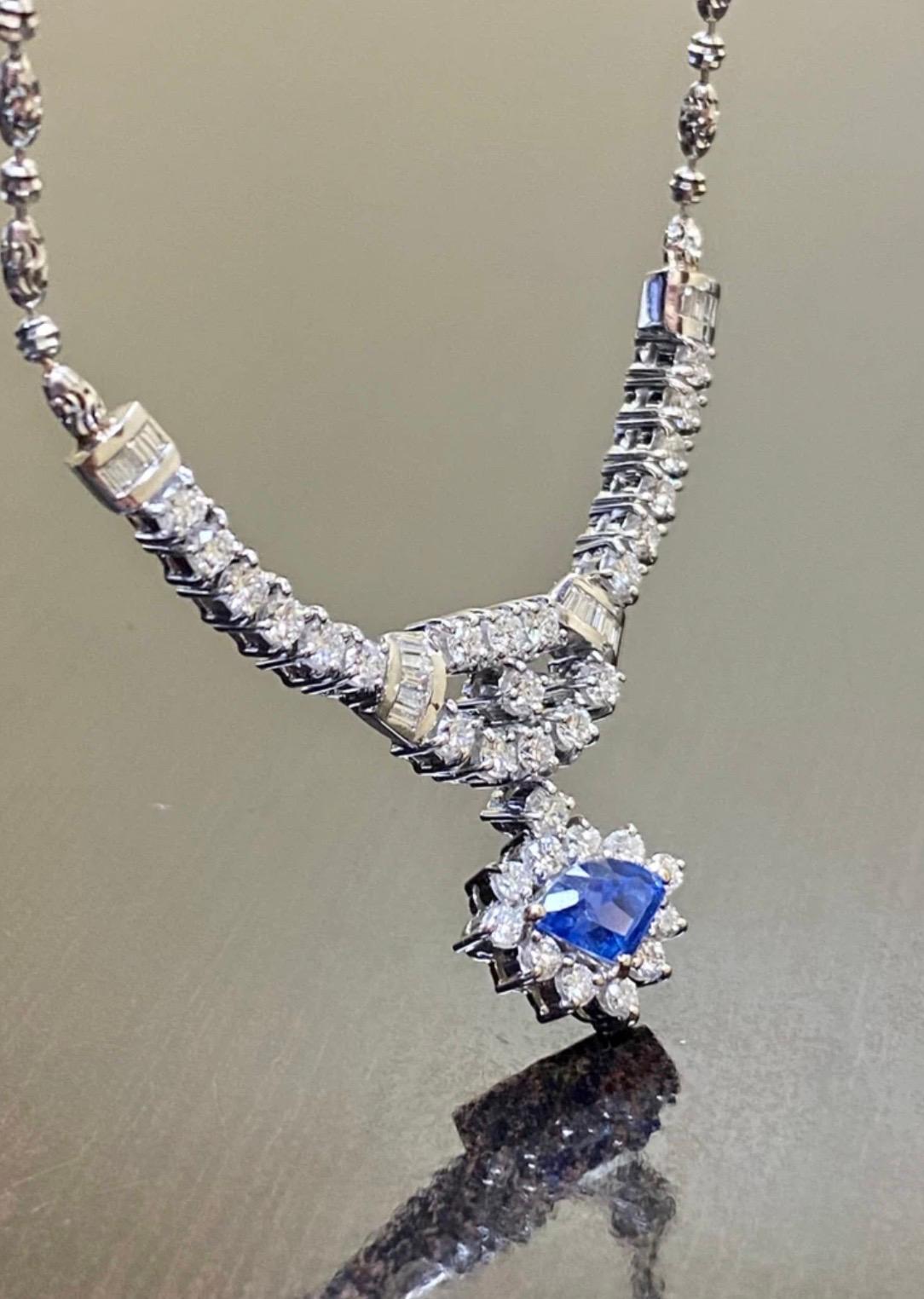 Round Cut 18K White Gold Baguette and Round Diamond Ceylon Blue Sapphire Necklace For Sale