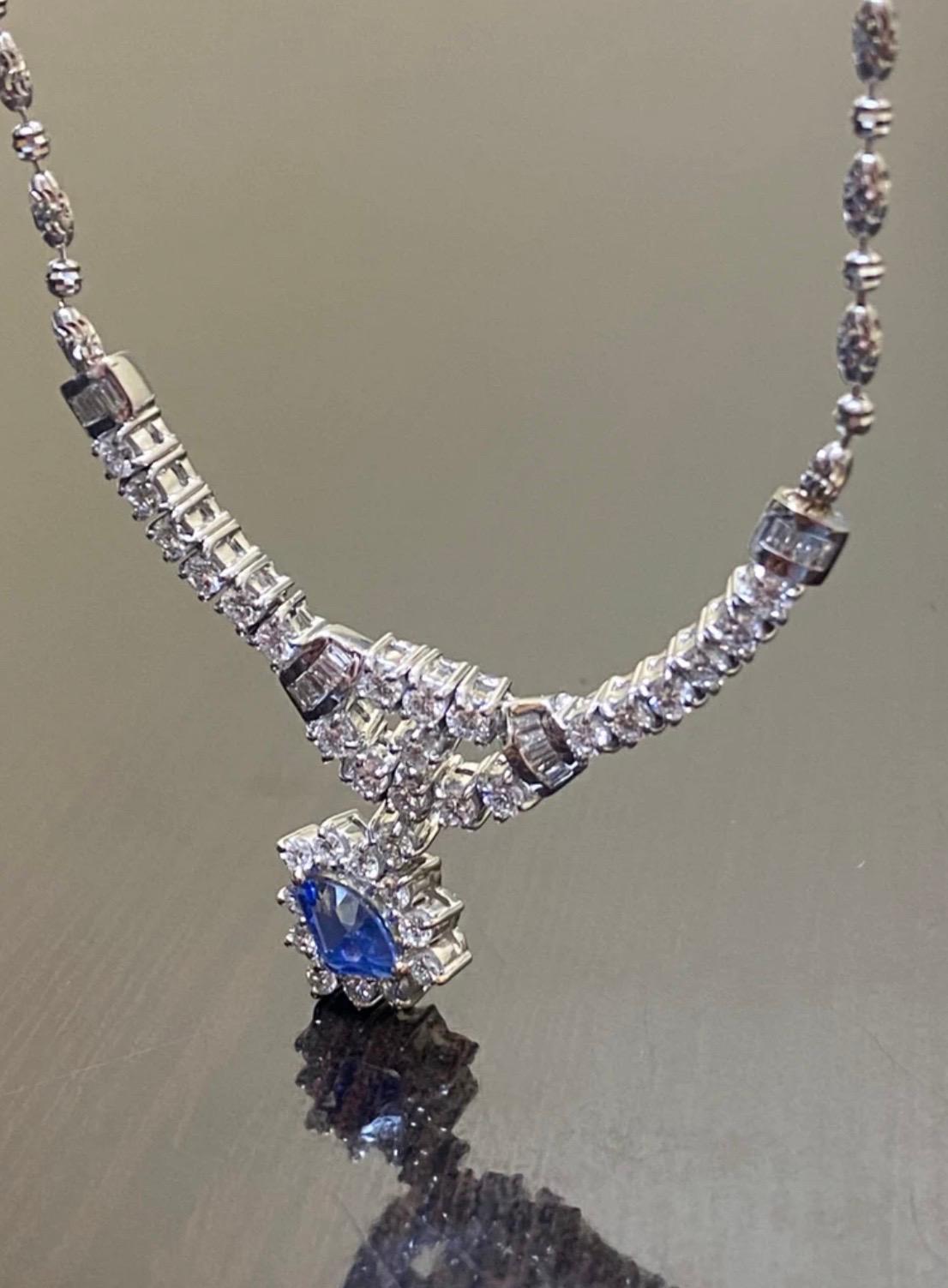 18K White Gold Baguette and Round Diamond Ceylon Blue Sapphire Necklace In New Condition For Sale In Los Angeles, CA