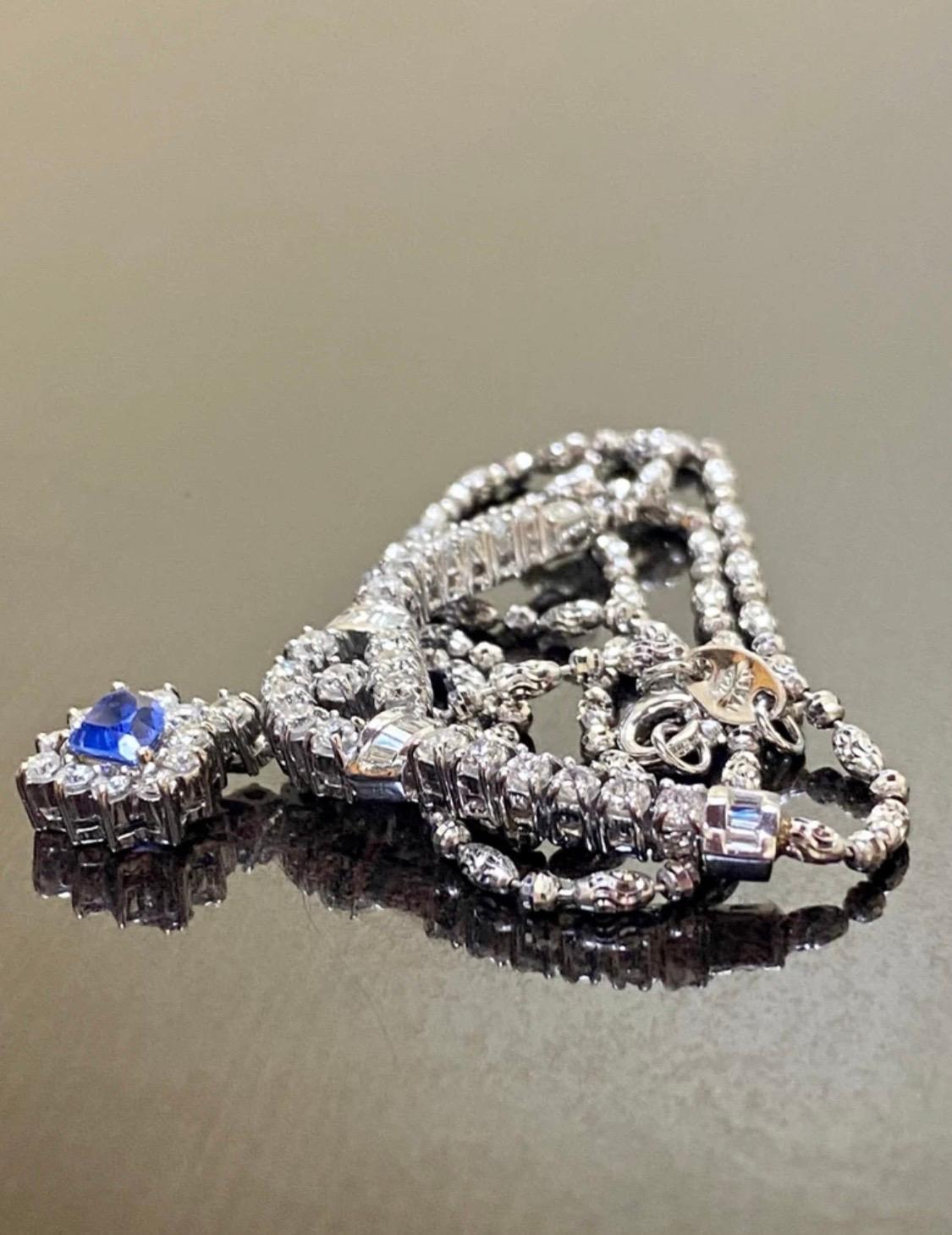 Women's or Men's 18K White Gold Baguette and Round Diamond Ceylon Blue Sapphire Necklace For Sale