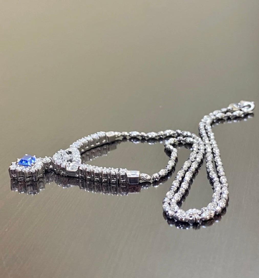 18K White Gold Baguette and Round Diamond Ceylon Blue Sapphire Necklace For Sale 1