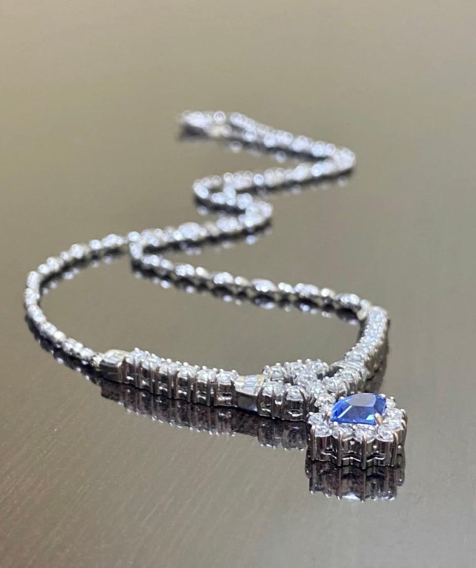 18K White Gold Baguette and Round Diamond Ceylon Blue Sapphire Necklace For Sale 2