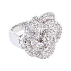 18 Karat White Gold Baguette and Round Diamond Flower Ring