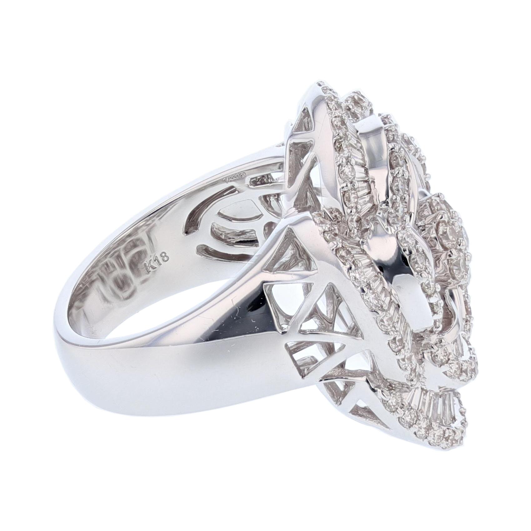 Contemporary 18 Karat White Gold Baguette and Round Diamond Flower Ring For Sale