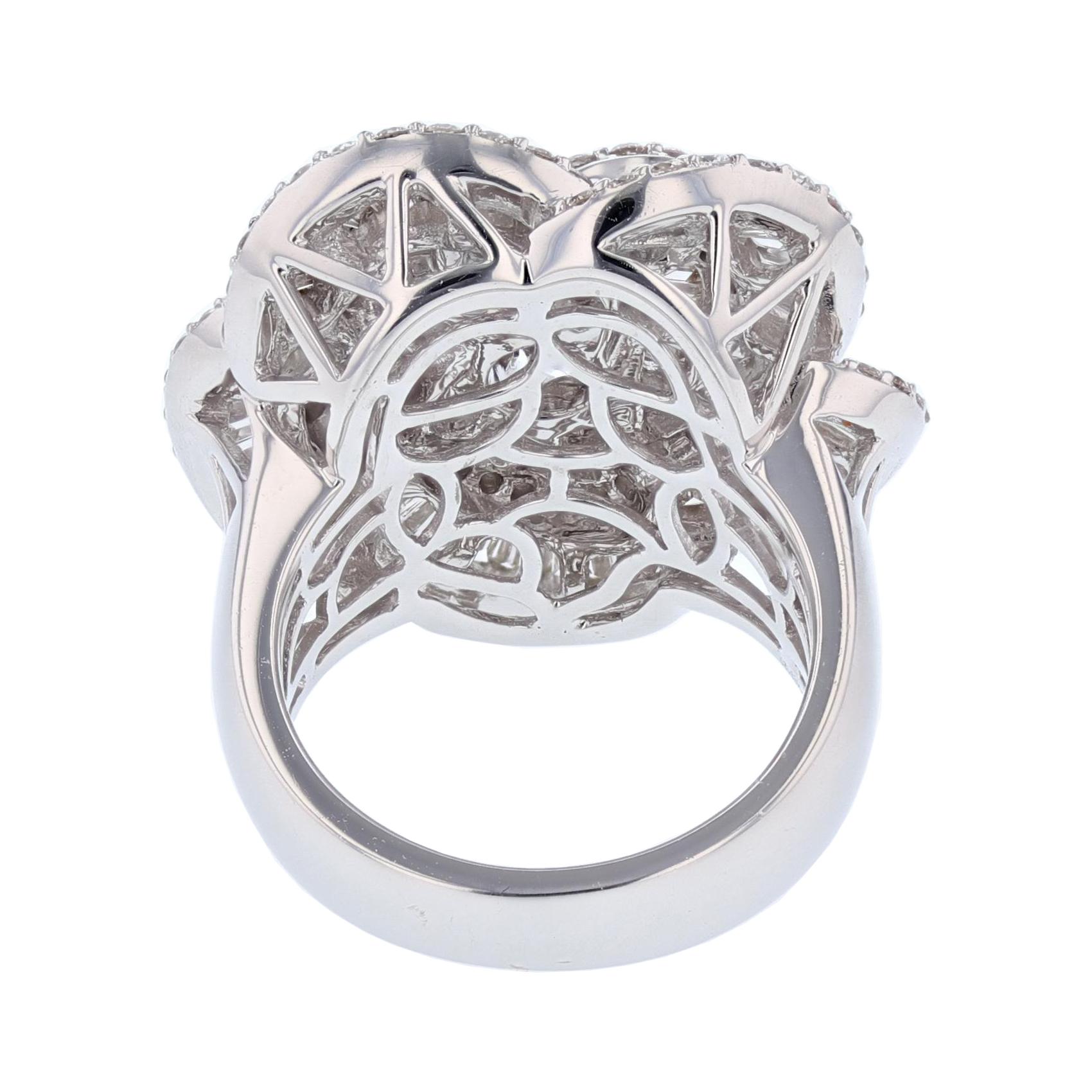 Baguette Cut 18 Karat White Gold Baguette and Round Diamond Flower Ring For Sale