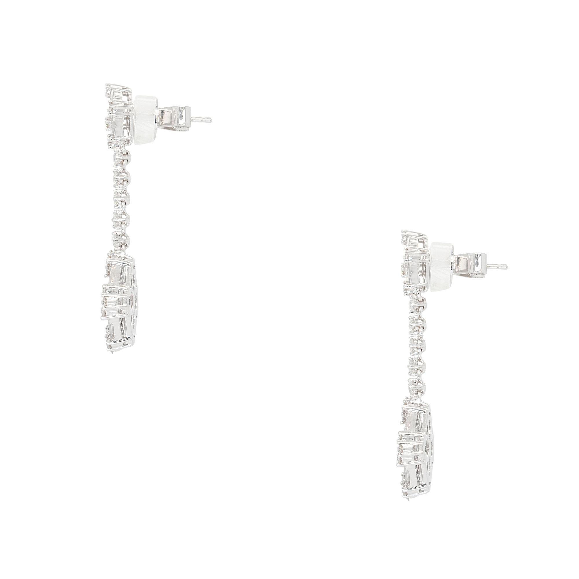 Round Cut 18k White Gold Baguette 2.21ct and 0.95ct Round Natural Diamonds Dangle Earrings For Sale