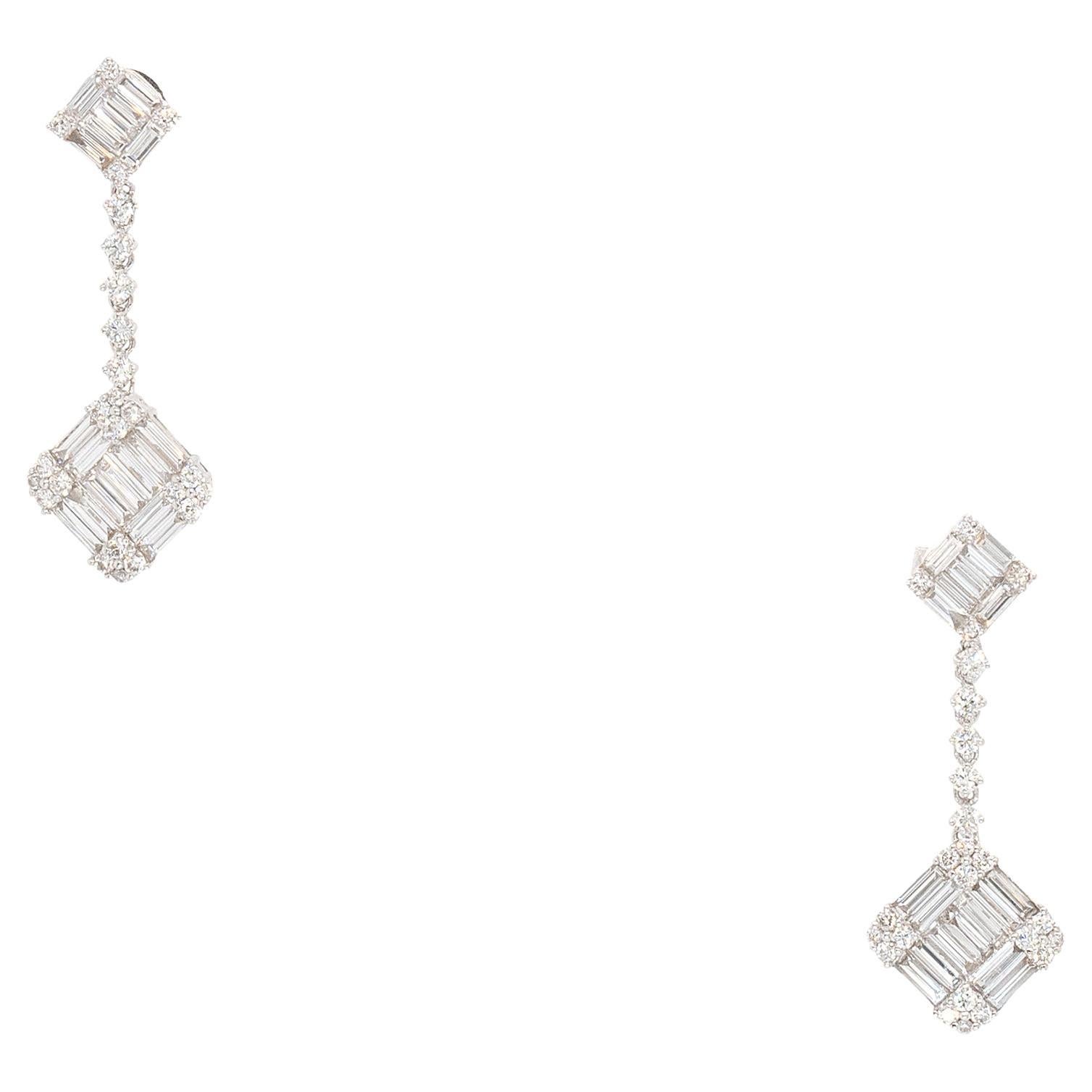 18k White Gold Baguette 2.21ct and 0.95ct Round Natural Diamonds Dangle Earrings For Sale