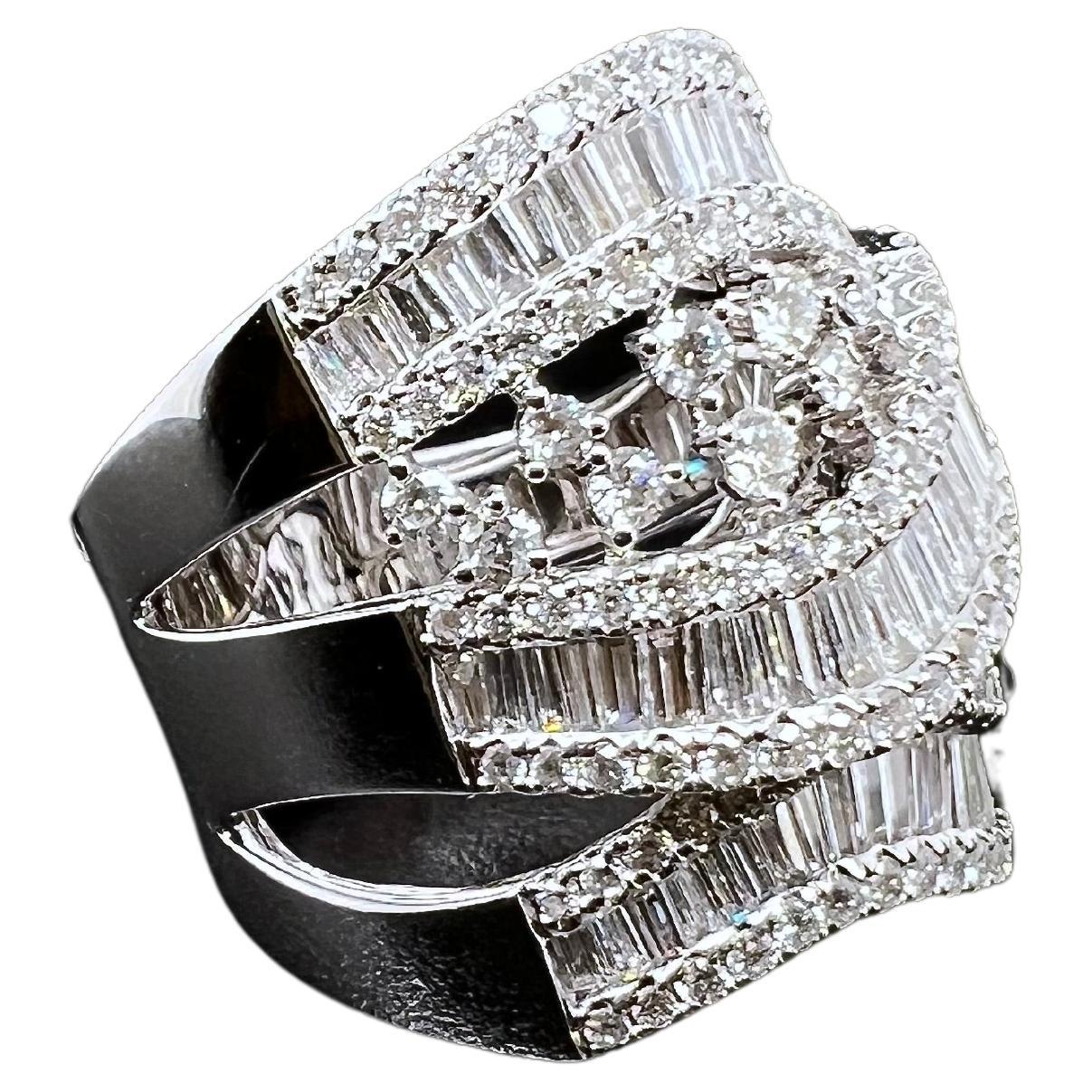 Baguette Cut 18k White Gold Baguette and Round Wide Diamond Band For Sale