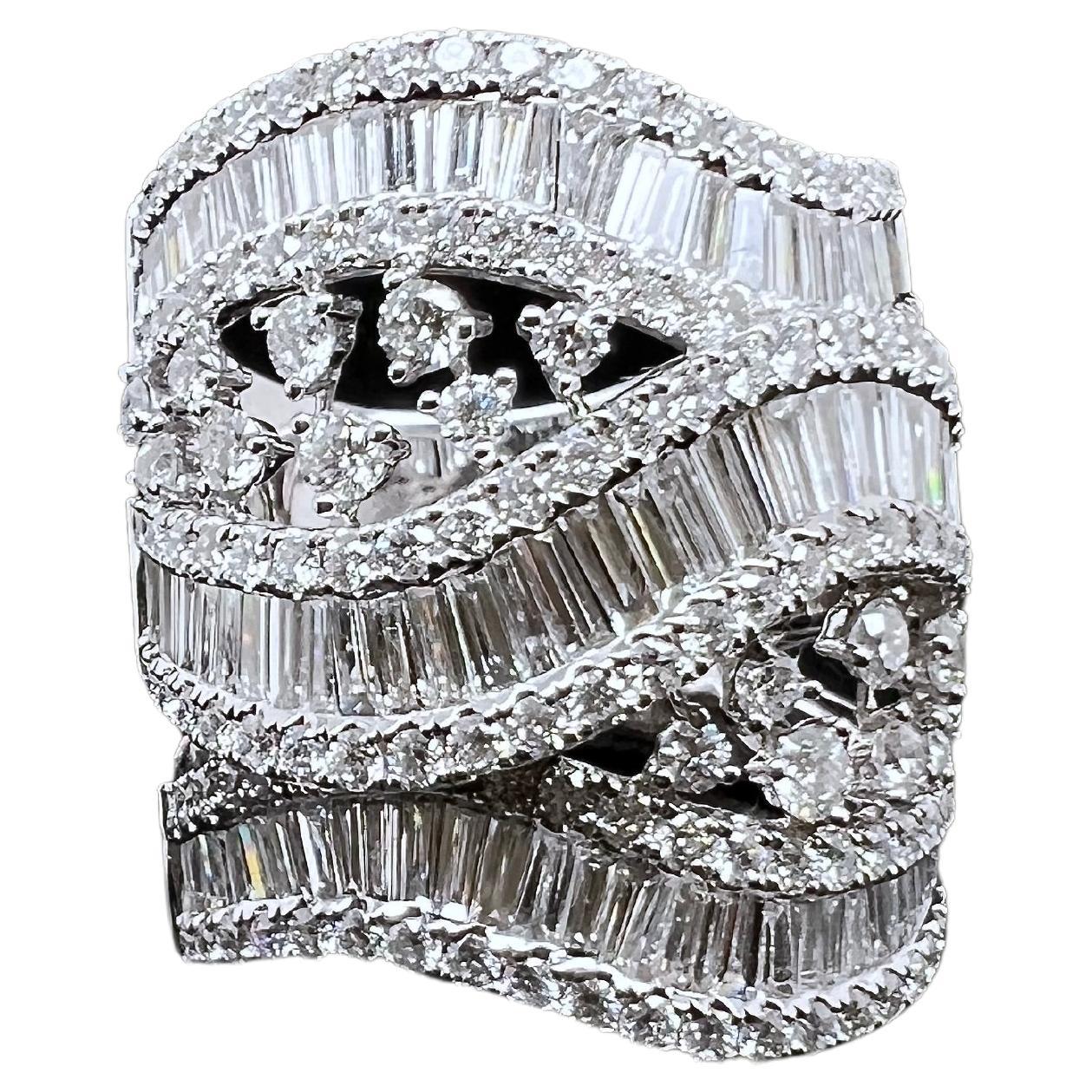 18k White Gold Baguette and Round Wide Diamond Band