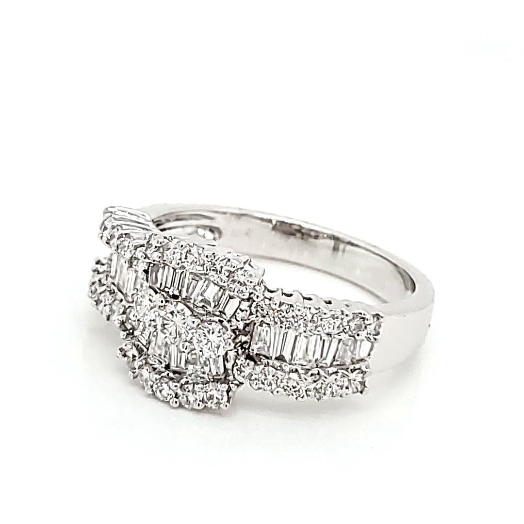 Round Cut 18k White Gold Baguette Cts 0.50 and Round Diamond Cts 0.54 Engagement Ring For Sale