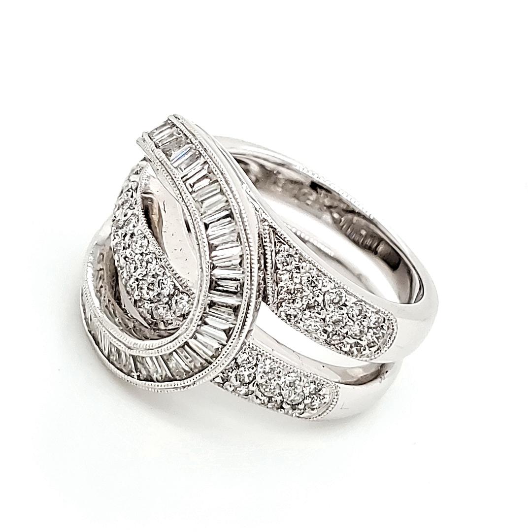 Round Cut 18k White Gold Baguette Cts 0.73 cts and Round Diamond Cts 0.56 Engagement Ring  For Sale